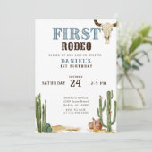 Blue First Rodeo Western Cowboy 1st Birthday Kaart (Staand voorkant)