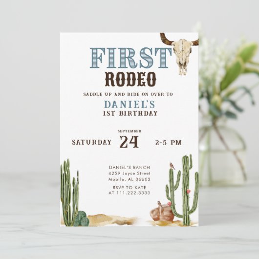 Blue First Rodeo Western Cowboy 1st Birthday Kaart (Staand voorkant)
