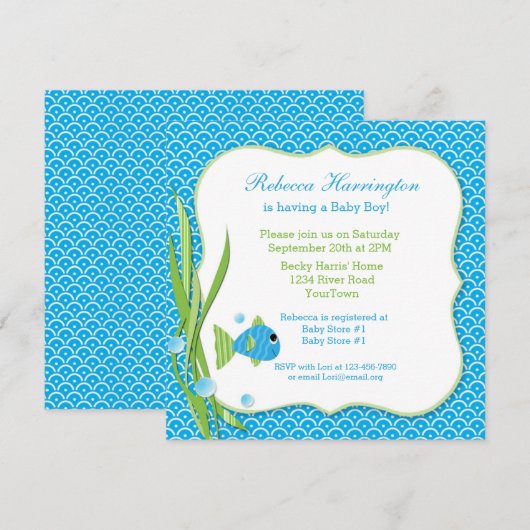 Blue Fish Baby shower Invitation Kaart (Voorkant / Achterkant)
