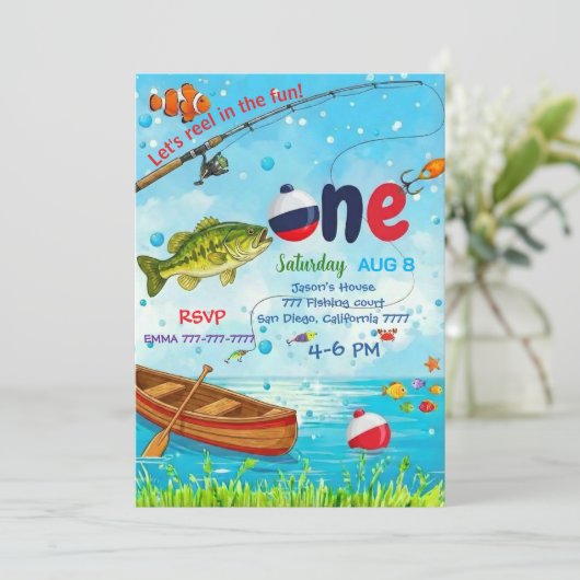 Blue Fish Boat Ofishally One 1st Birthday Invitati Kaart (Staand voorkant)