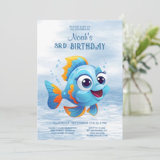 Blue Fish Verjaardag uitnodiging (Staand voorkant)