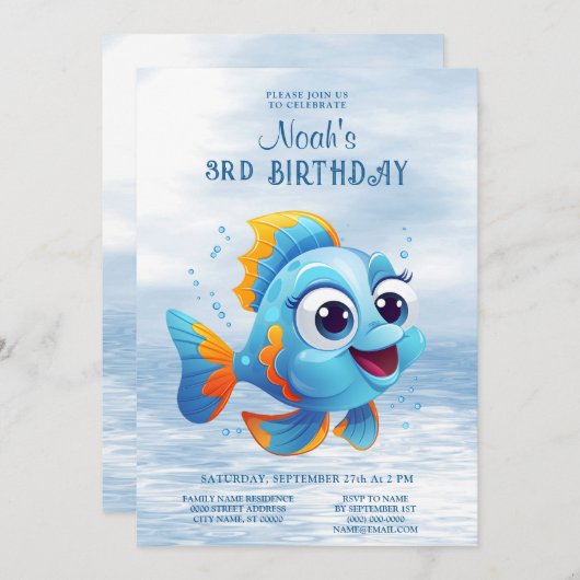 Blue Fish Verjaardag uitnodiging (Voorkant / Achterkant)