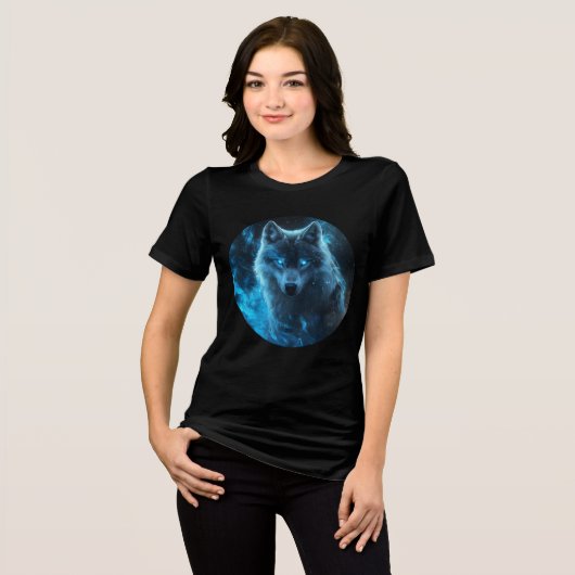 Blue Flame Cosmic Wolf Art Print Tri-Blend Shirt (Voorkant volledig)