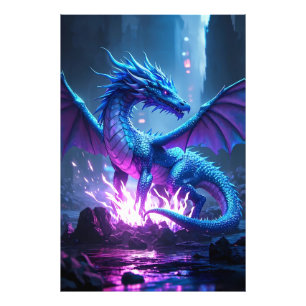 Blue Flame Dragon - Fantasy Metal Wall Art Foto Afdruk