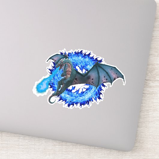 Blue Flame Fire Ademende Dragon Fantasy Sticker (Detail)