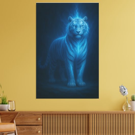 Blue Flame Lightning White Tiger – Celestial Storm Canvas Afdruk (Insitu (Woonkamer))