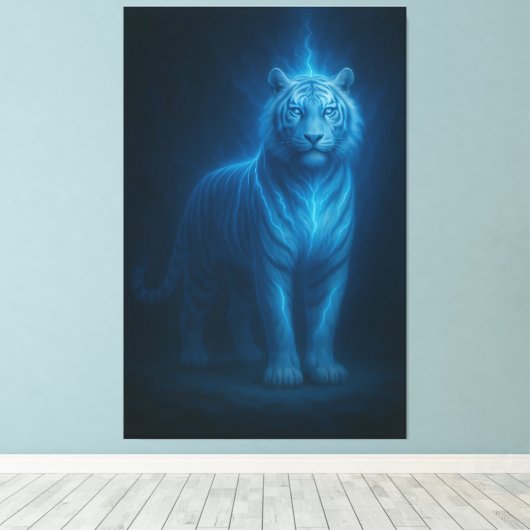 Blue Flame Lightning White Tiger – Celestial Storm Canvas Afdruk (Insitu (Houten vloer))
