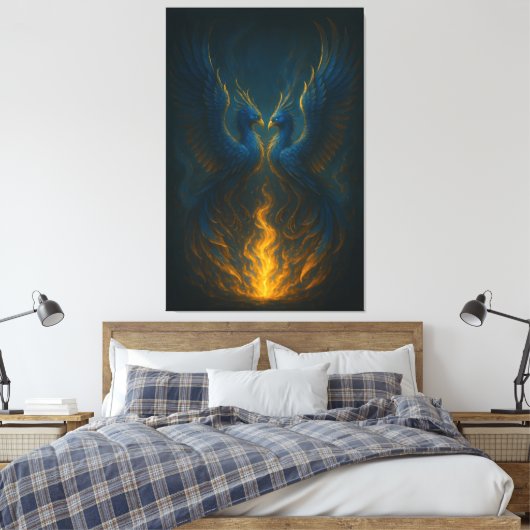 Blue Flame Phoenix Twins – Fine Art Mythical Bird Canvas Afdruk (Insitu (Slaapkamer))