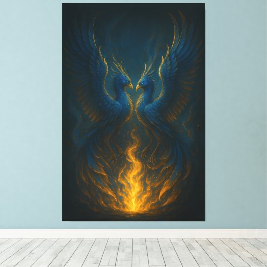 Blue Flame Phoenix Twins – Fine Art Mythical Bird  Canvas Afdruk (Insitu (Houten vloer))