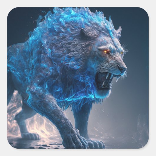 Blue Flames Fire Lion Vierkante Sticker (Voorkant)