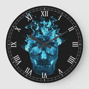 Blue Flaming Skull Round Roman Numeraalklok Grote Klok