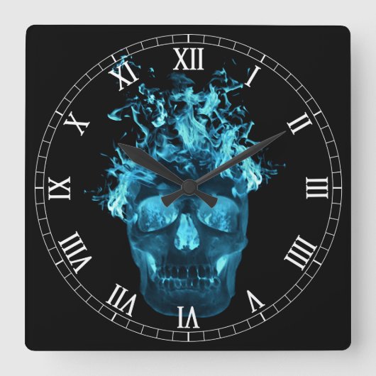 Blue Flaming Skull Square Roman Numeras Clock Vierkante Klok (Voorkant)
