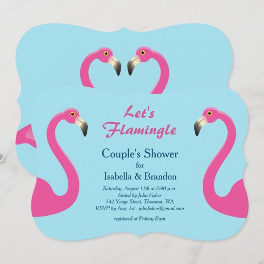 Blue Flamingo Beach Couple's Shower Invitation Kaart (Voorkant / Achterkant)
