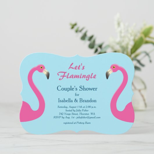 Blue Flamingo Beach Couple's Shower Invitation Kaart (Staand voorkant)