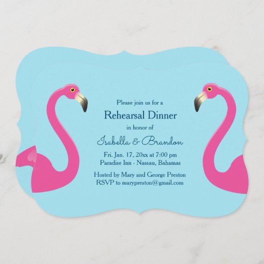 Blue Flamingo Beach Rehearsal Dinner Invitation Kaart (Voorkant / Achterkant)