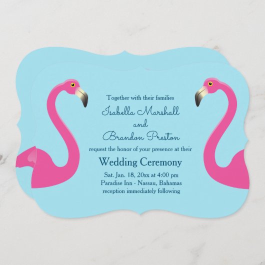 Blue Flamingo Beach Wedding Invitation Kaart (Voorkant / Achterkant)