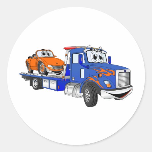 Blue Flatbed Tow Truck Ronde Sticker (Voorkant)