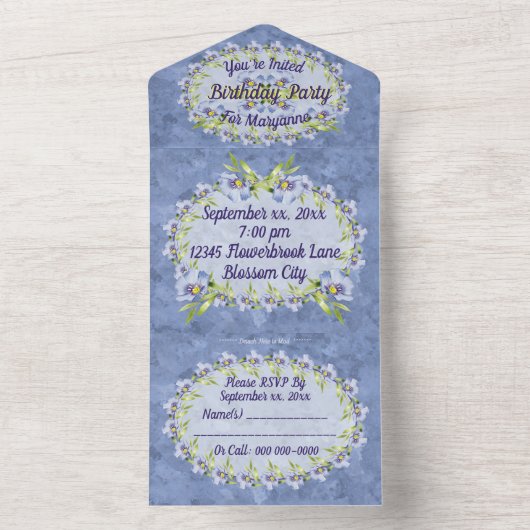 Blue Flax Wildflowers Verjaardagsfeest All In One Uitnodiging (Binnen)