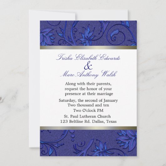 Blue Fleur Damask Wedding Kaart (Voorkant)