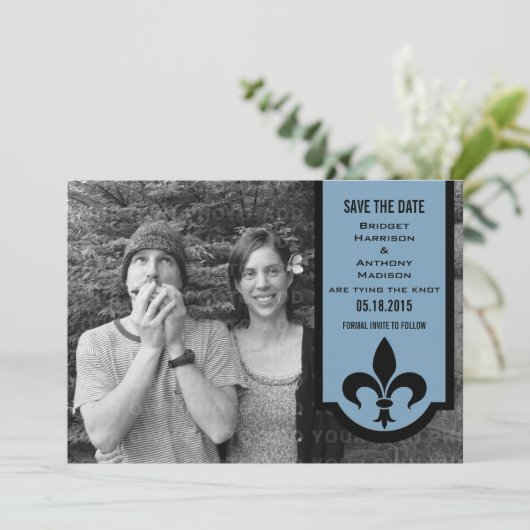 Blue Fleur De Lis Banner Save the Date Invite (Staand voorkant)