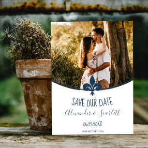 Blue Fleur de Lis Photo Save the Date Notice Aankondiging