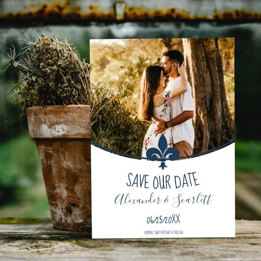 Blue Fleur de Lis Photo Save the Date Notice Aankondiging