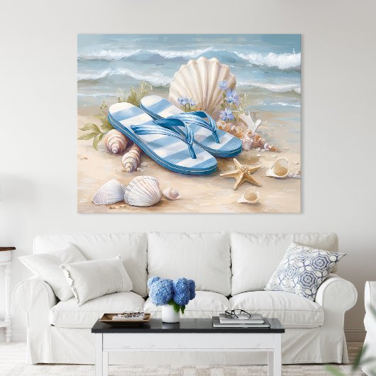 Blue Flip Flops Seashells Coastal Beach Summer Art Poster