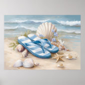 Blue Flip Flops Seashells Coastal Beach Summer Art Poster (Voorkant)