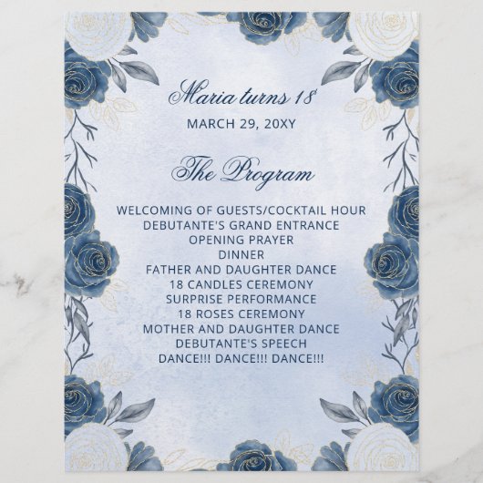 Blue Floral 18 Candles and Rozen Ceremony Programm (Voorkant)