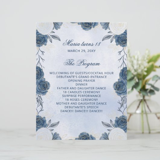 Blue Floral 18 Candles and Rozen Ceremony Programm (Staand voorkant)