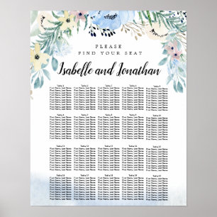 Blue Floral 20-Table DIY Wedding Seating Chart Poster