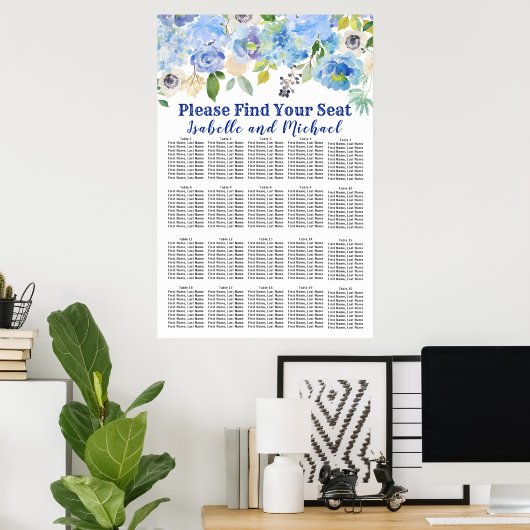 Blue Floral 20-Table Wedding Seating Chart Poster (Thuiskantoor)