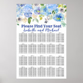 Blue Floral 20-Table Wedding Seating Chart Poster (Voorkant)