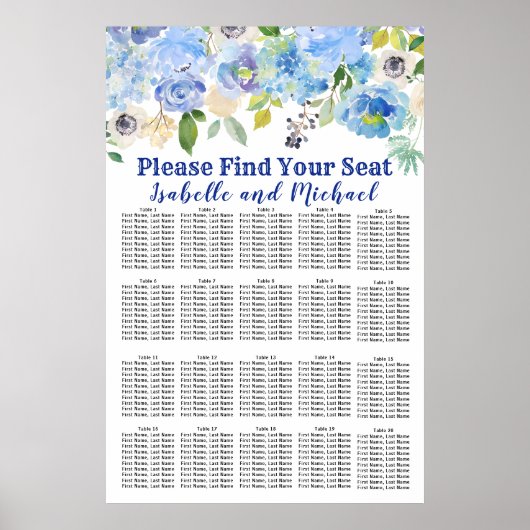 Blue Floral 20-Table Wedding Seating Chart Poster (Voorkant)