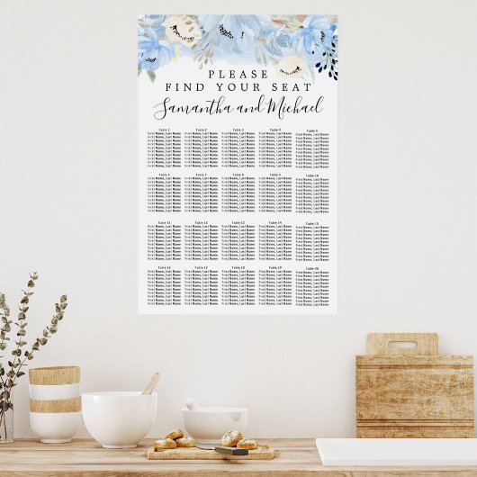 Blue Floral 20-Table Wedding Seating Chart Poster (Keuken)