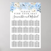 Blue Floral 20-Table Wedding Seating Chart Poster (Voorkant)