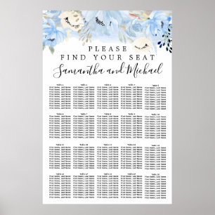 Blue Floral 20-Table Wedding Seating Chart Poster