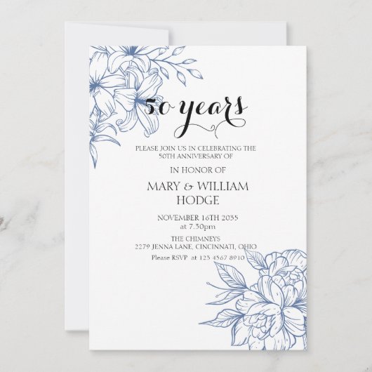 Blue Floral 50ste huwelijksverjaardag Kaart (Voorkant)