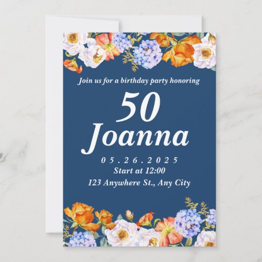 Blue Floral 50th Birthday Invitation Kaart (Voorkant)