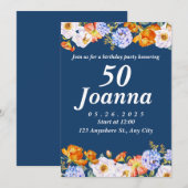 Blue Floral 50th Birthday Invitation Kaart (Voorkant / Achterkant)