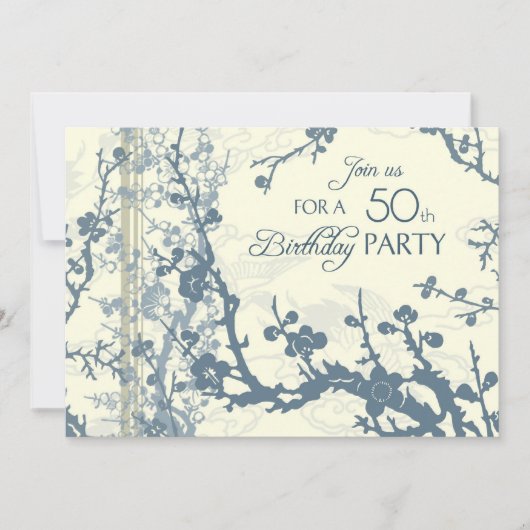 Blue Floral 50th Birthday Party Invitation Cards Kaart (Voorkant)