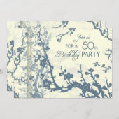 Blue Floral 50th Birthday Party Invitation Cards Kaart (Voorkant / Achterkant)