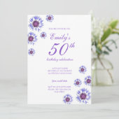 Blue Floral 50th Birthday Party Invitation Kaart (Staand voorkant)