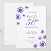 Blue Floral 50th Birthday Party Invitation Kaart (Voorkant / Achterkant)