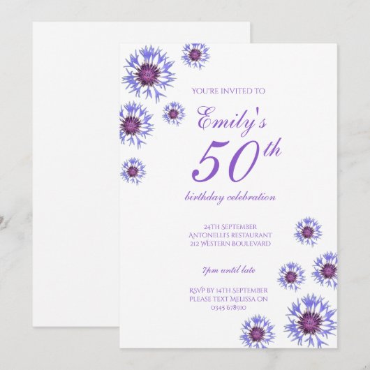 Blue Floral 50th Birthday Party Invitation Kaart (Voorkant / Achterkant)