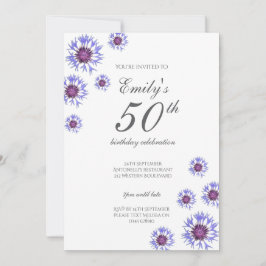 Blue Floral 50th Birthday Party Invitation Kaart