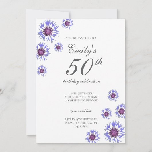 Blue Floral 50th Birthday Party Invitation Kaart (Voorkant)