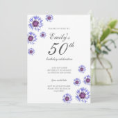 Blue Floral 50th Birthday Party Invitation Kaart (Staand voorkant)