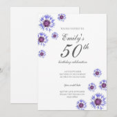 Blue Floral 50th Birthday Party Invitation Kaart (Voorkant / Achterkant)