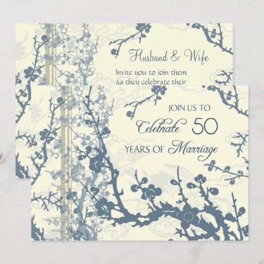 Blue Floral 50th Jubileum Invitation Kaart (Voorkant / Achterkant)